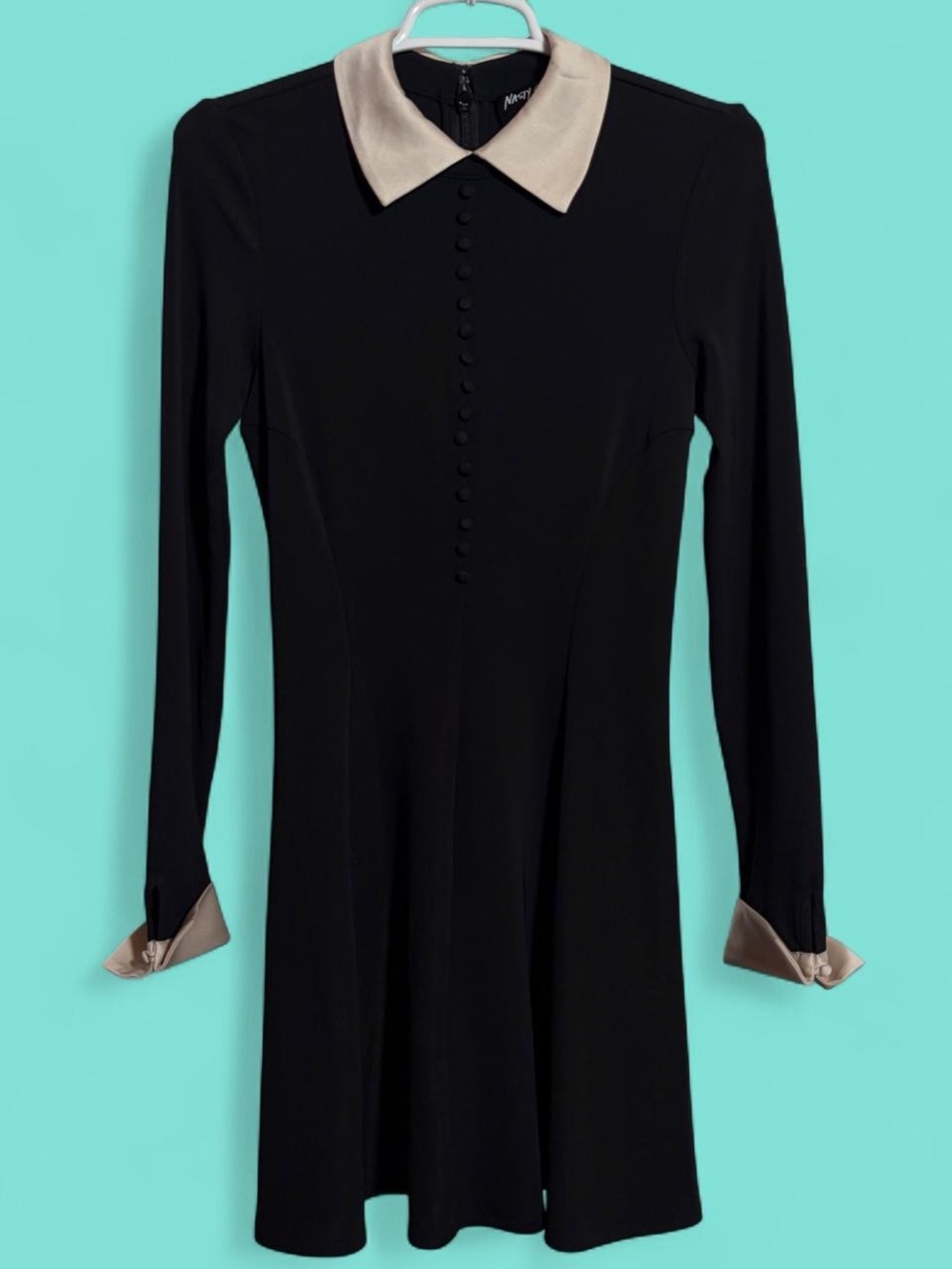 Nasty Gal Black Long-Sleeve Dress with Cream Collar & Cuffs retro